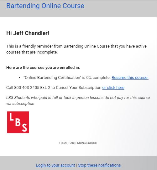 bartending course weekly reminder